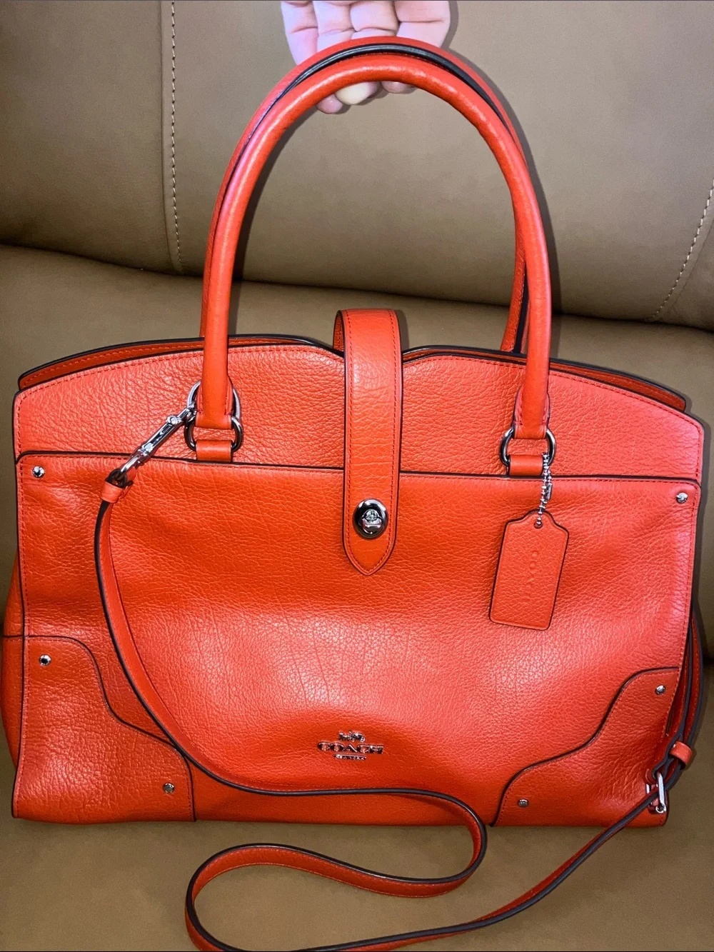 Coach Mercer Coral Red Pebbled Leather Satchel w/Crossbody Strap silver hardware